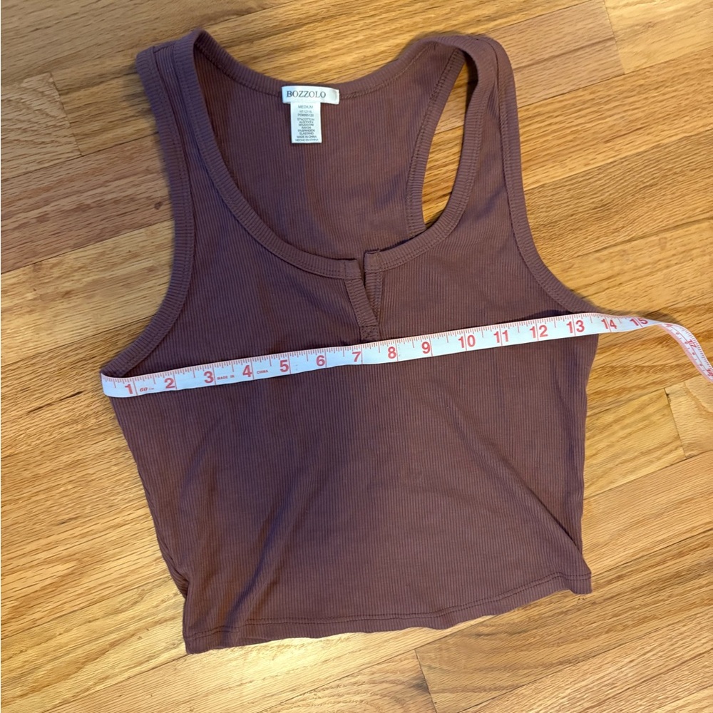 Brown Ribbed Racerback Cropped Tank Top - Picture 2 of 3